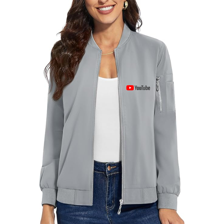 Women's Youtube Video Steaming Social - Premium Bomber Jacket with Polished Detailing and Functional Sleeve Pocket - Modern Luxury Outerwear