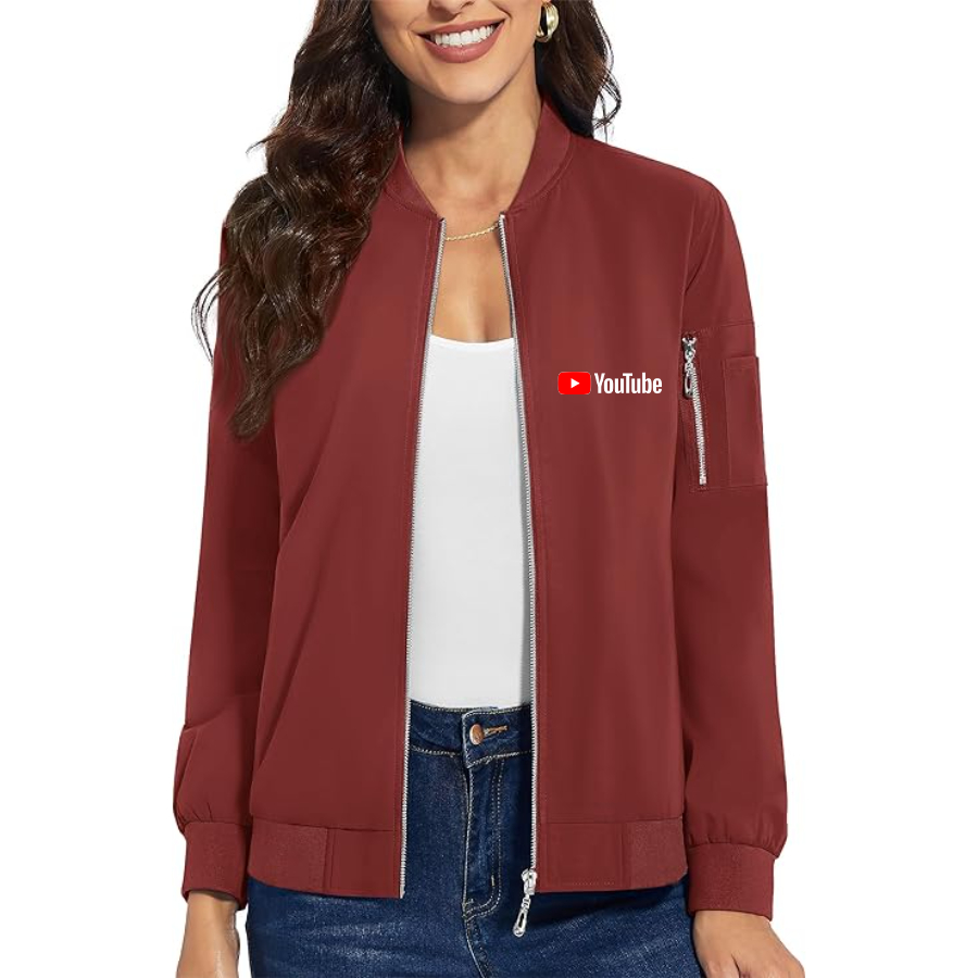 Women's Youtube Video Steaming Social - Premium Bomber Jacket with Polished Detailing and Functional Sleeve Pocket - Modern Luxury Outerwear