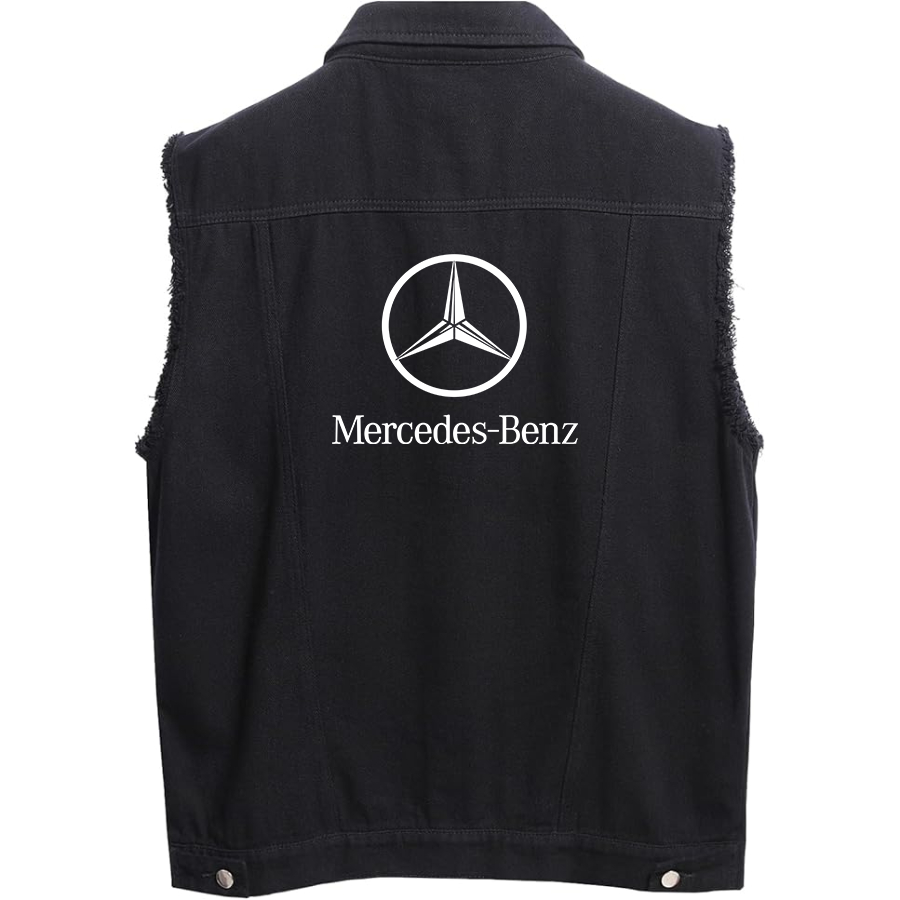 Men’s Mercedes-Benz Luxury Car - Sleeveless Distressed Denim Vest – Rugged Black Jean Jacket