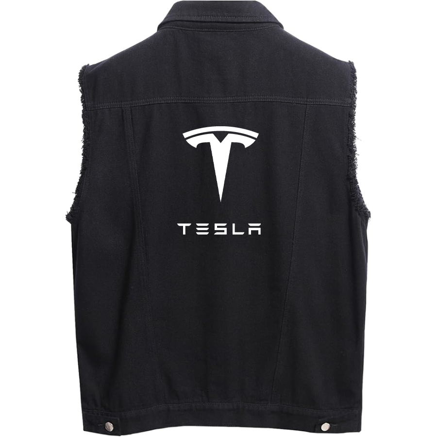 Men’s Tesla Car - Sleeveless Distressed Denim Vest – Rugged Black Jean Jacket