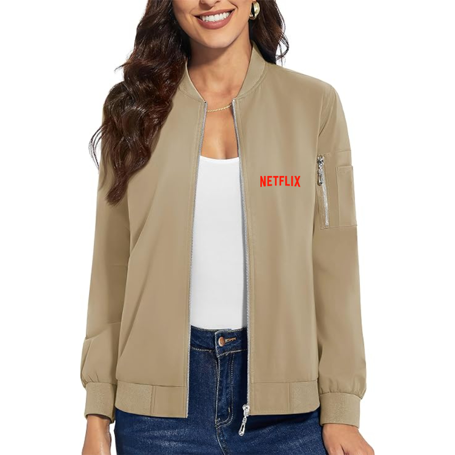 Women's Netflix Movie Show - Premium Bomber Jacket with Polished Detailing and Functional Sleeve Pocket - Modern Luxury Outerwear