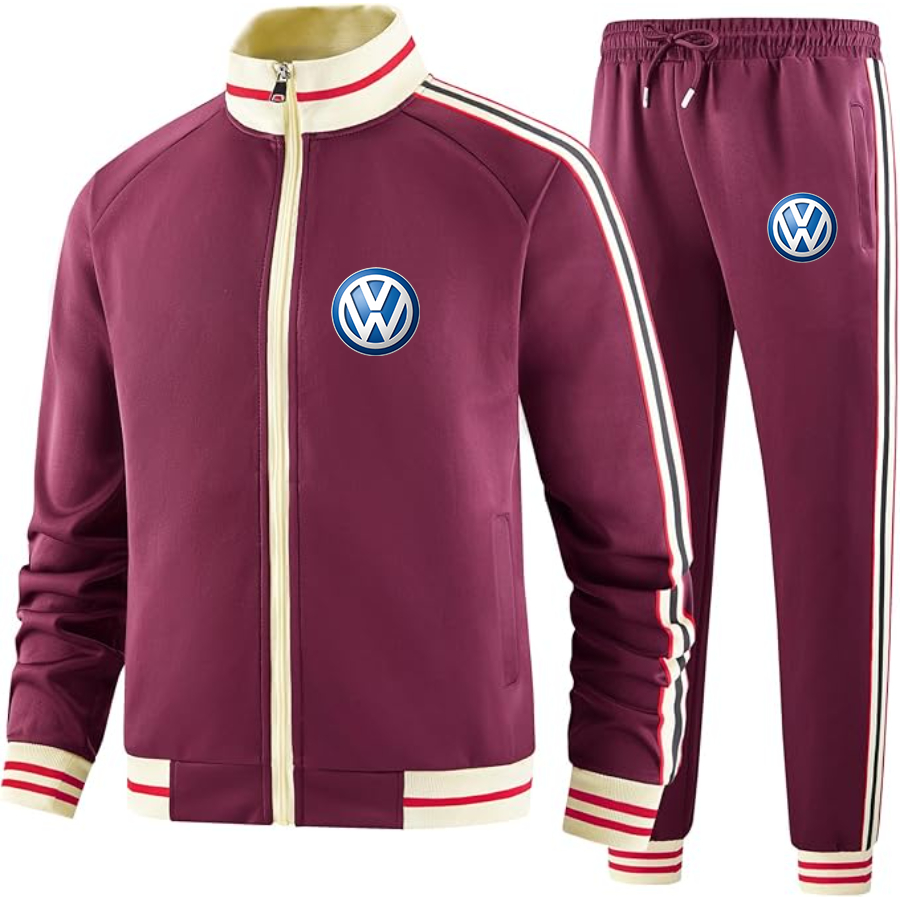 Men's VW Volkswagen Car- Premium Two-Piece Designer Tracksuit with Bold Striped Accents and Zippered Front - Elevated Athletic Wear
