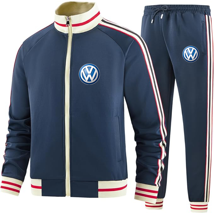 Men's VW Volkswagen Car- Premium Two-Piece Designer Tracksuit with Bold Striped Accents and Zippered Front - Elevated Athletic Wear
