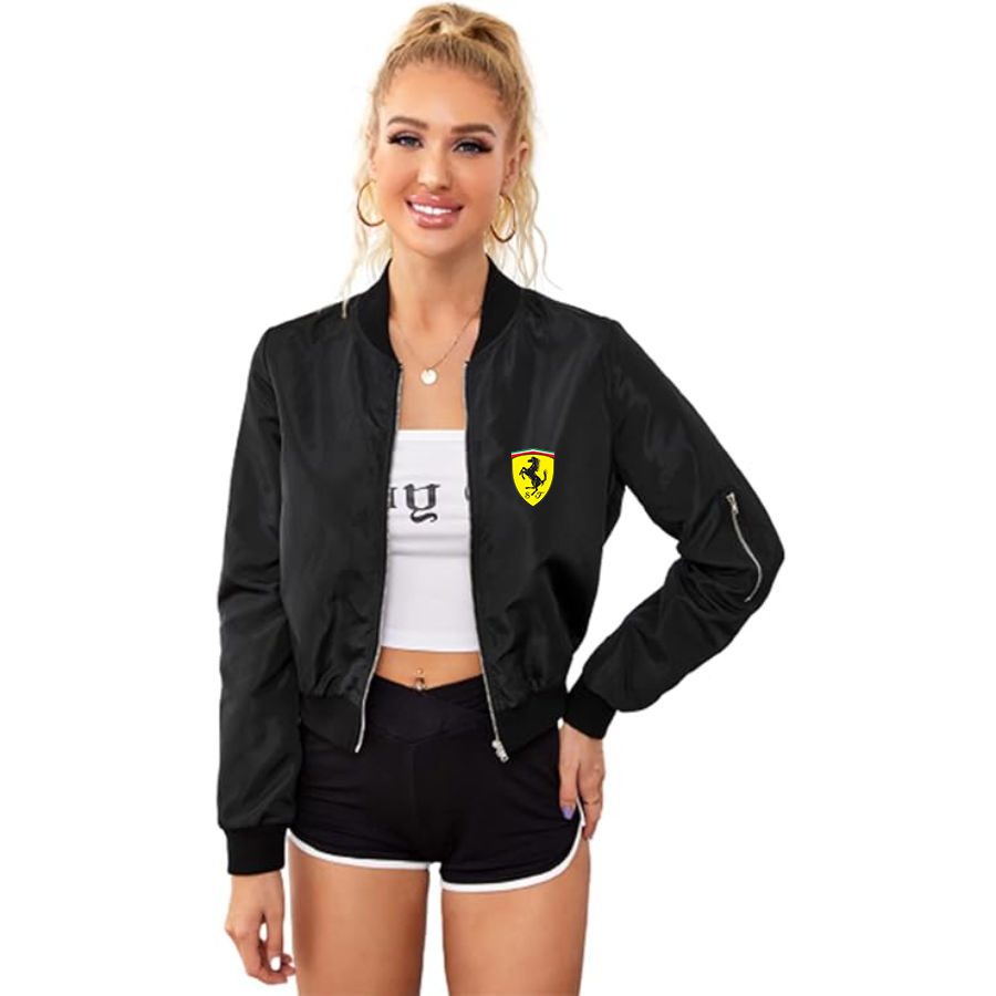 Women's Ferrari Motorsport Car - Lightweight Bomber Biker Jacket Zip up Windbreaker Crop Bomber Jacket Coat