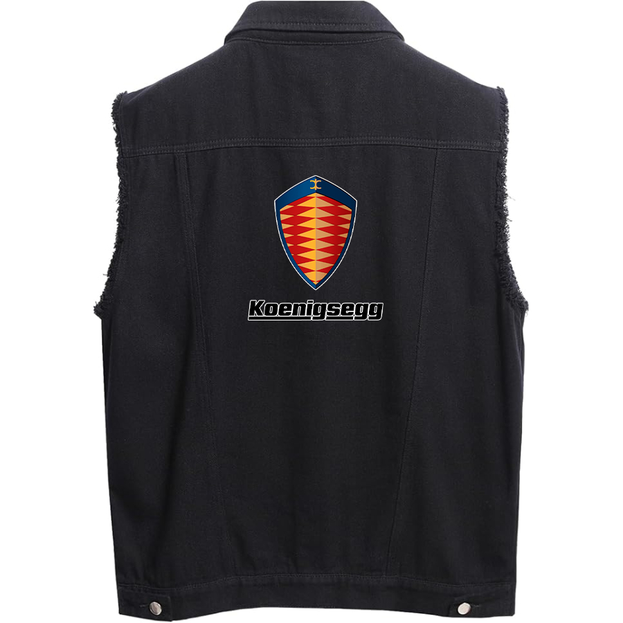 Men’s Koenigsegg Car - Sleeveless Distressed Denim Vest – Rugged Black Jean Jacket