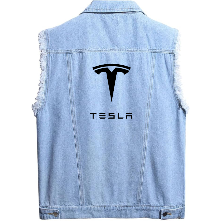 Men’s Tesla Car - Sleeveless Distressed Denim Vest – Rugged Black Jean Jacket