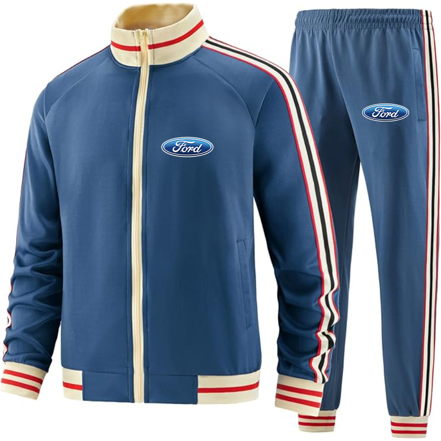 Men's Ford Car - Premium Two-Piece Designer Tracksuit with Bold Striped Accents and Zippered Front - Elevated Athletic Wear