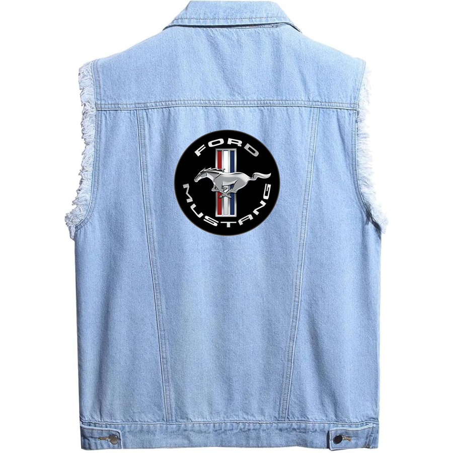 Men’s Ford Mustang Motorsport Supercars - Sleeveless Distressed Denim Vest – Rugged Black Jean Jacket