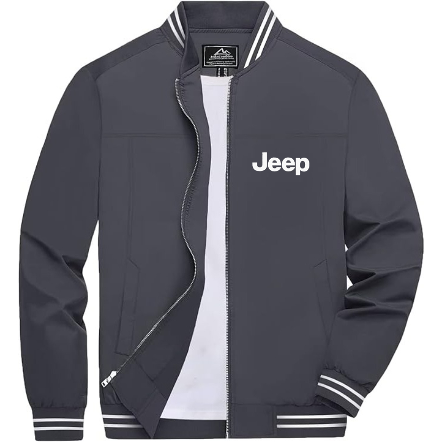 Men’s Jeep Car Lightweight Zip-Up Bomber Jacket with Ribbed Collar and Cuffs - Versatile Casual Outerwear