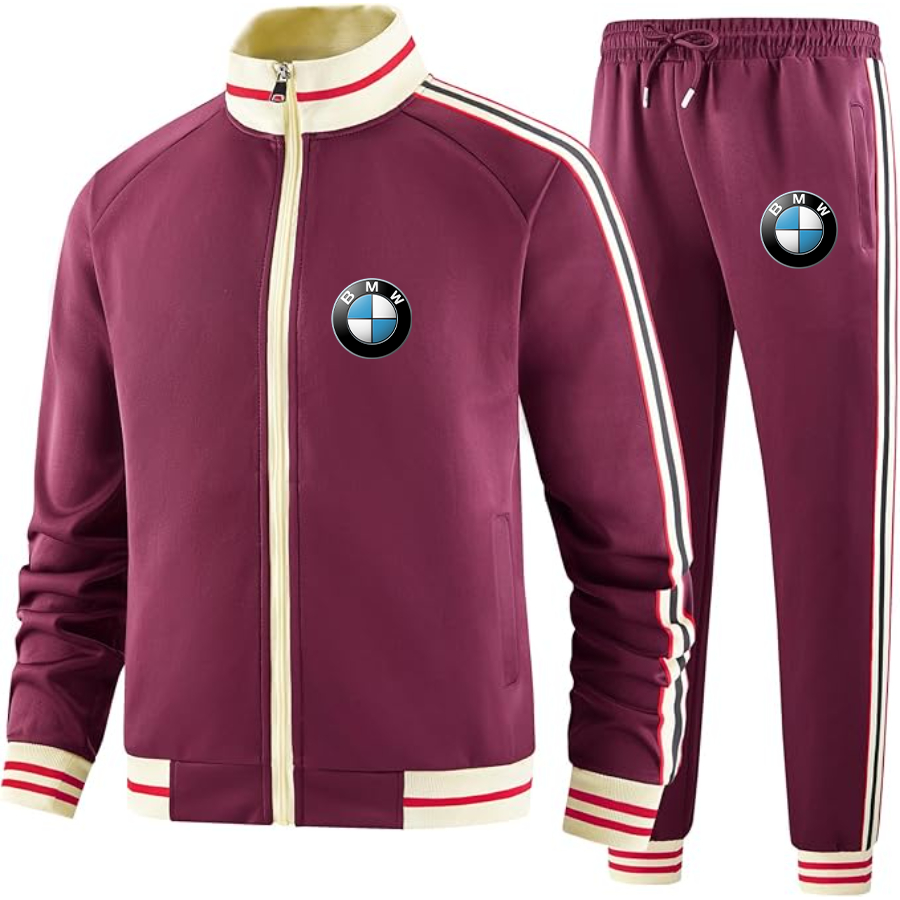 Men's BMW Car - Premium Two-Piece Designer Tracksuit with Bold Striped Accents and Zippered Front - Elevated Athletic Wear