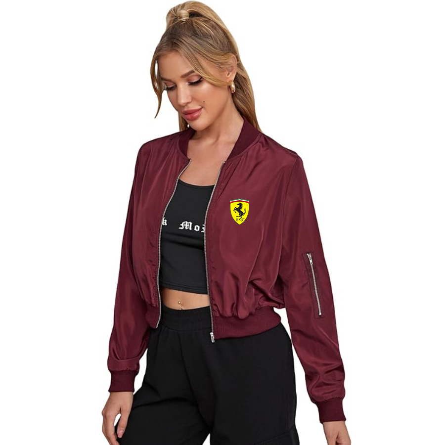 Women's Ferrari Motorsport Car - Lightweight Bomber Biker Jacket Zip up Windbreaker Crop Bomber Jacket Coat