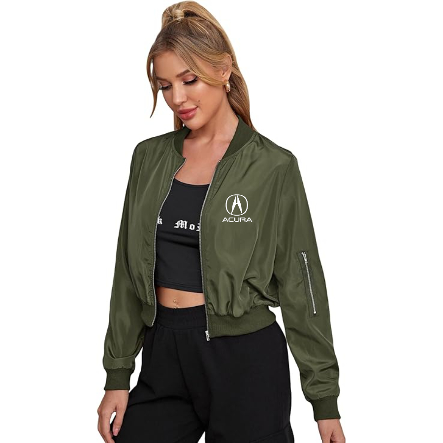 Women's Acura Car - Lightweight Bomber Biker Jacket Zip up Windbreaker Crop Bomber Jacket Coat