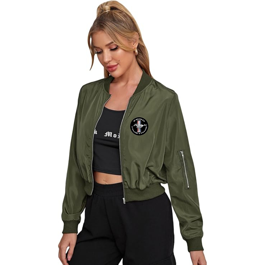 Women's Ford Mustang Motorsport Supercars - Lightweight Bomber Biker Jacket Zip up Windbreaker Crop Bomber Jacket Coat