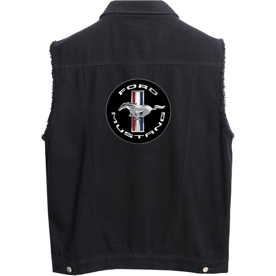 Men’s Ford Mustang Motorsport Supercars - Sleeveless Distressed Denim Vest – Rugged Black Jean Jacket