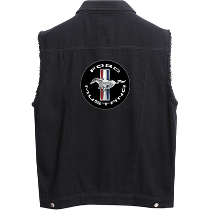 Men’s Ford Mustang Motorsport Supercars - Sleeveless Distressed Denim Vest – Rugged Black Jean Jacket