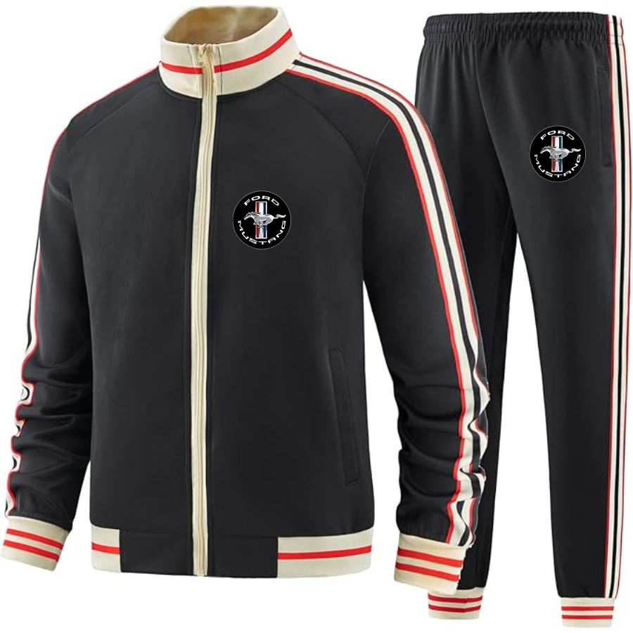 Men's Ford Mustang Motorsport Supercars - Premium Two-Piece Designer Tracksuit with Bold Striped Accents and Zippered Front - Elevated Athletic Wear