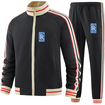 Men's Rolls Royce Car - Premium Two-Piece Designer Tracksuit with Bold Striped Accents and Zippered Front - Elevated Athletic Wear