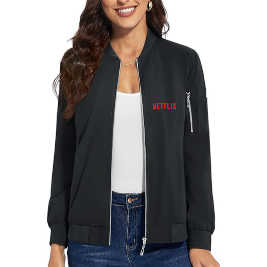 Women's  Netflix Movie Show - Premium Bomber Jacket with Polished Detailing and Functional Sleeve Pocket - Modern Luxury Outerwear