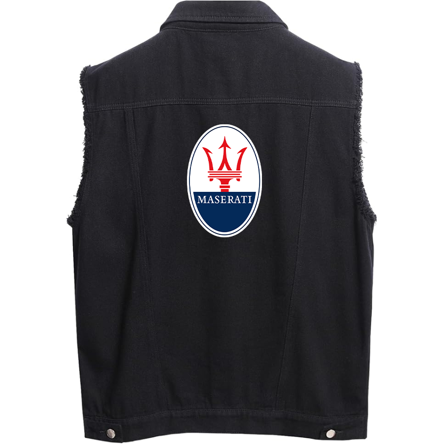 Men’s Maserati Car - Sleeveless Distressed Denim Vest – Rugged Black Jean Jacket