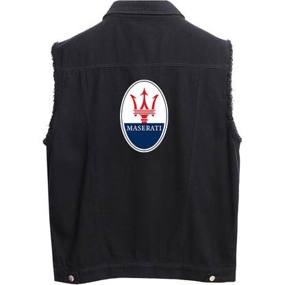 Men’s Maserati Car - Sleeveless Distressed Denim Vest – Rugged Black Jean Jacket