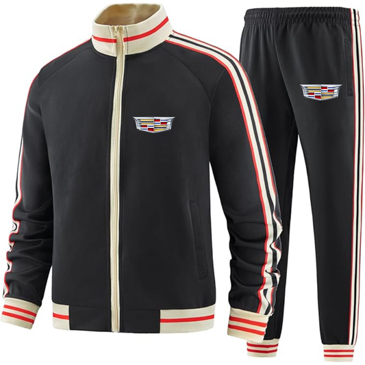 Men's Cadillac Car - Premium Two-Piece Designer Tracksuit with Bold Striped Accents and Zippered Front - Elevated Athletic Wear