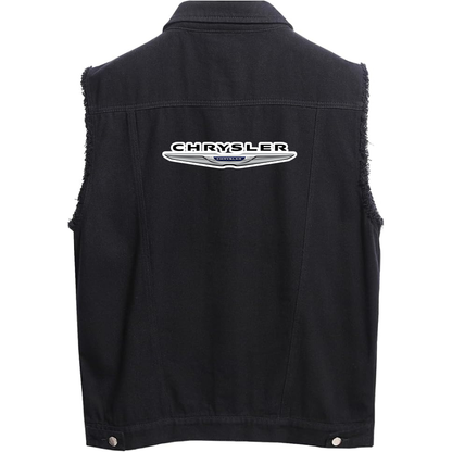 Men’s Chrysler Car - Sleeveless Distressed Denim Vest – Rugged Black Jean Jacket