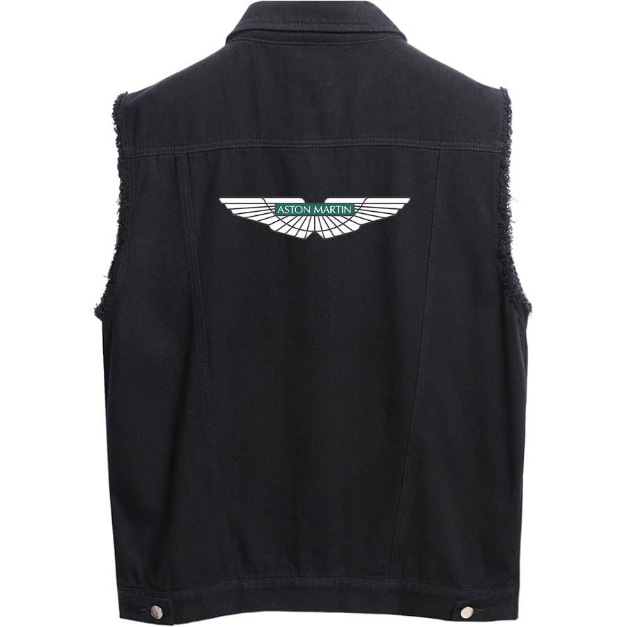 Men’s Aston Martin Car - Sleeveless Distressed Denim Vest – Rugged Black Jean Jacket