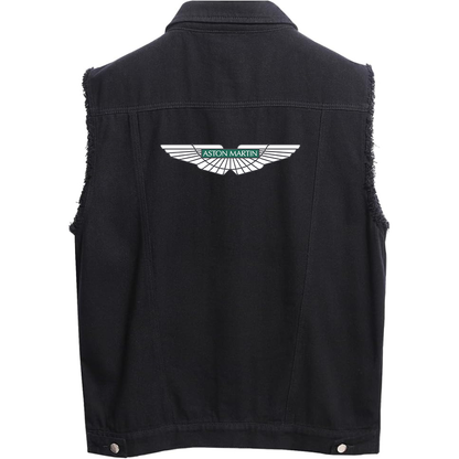 Men’s Aston Martin Car - Sleeveless Distressed Denim Vest – Rugged Black Jean Jacket