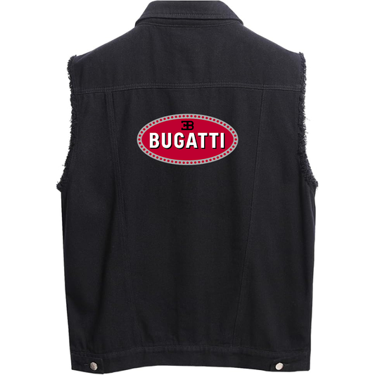 Men’s Bugatti Car - Sleeveless Distressed Denim Vest – Rugged Black Jean Jacket