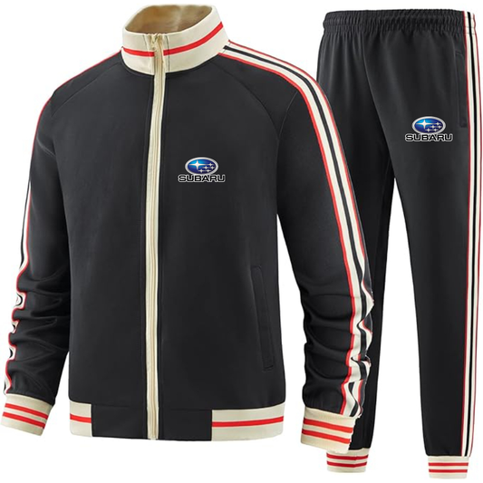 Men's Subaru Car - Premium Two-Piece Designer Tracksuit with Bold Striped Accents and Zippered Front - Elevated Athletic Wear