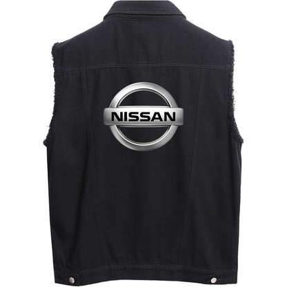 Men’s Nissan Car - Sleeveless Distressed Denim Vest – Rugged Black Jean Jacket