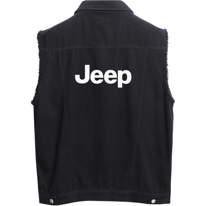 Men’s Jeep Car - Sleeveless Distressed Denim Vest – Rugged Black Jean Jacket