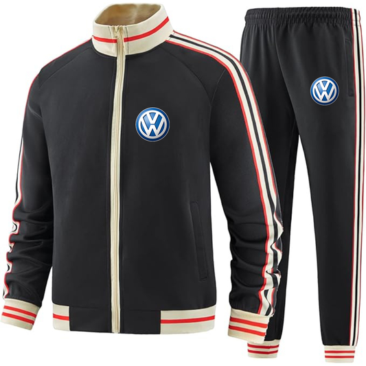 Men's VW Volkswagen Car- Premium Two-Piece Designer Tracksuit with Bold Striped Accents and Zippered Front - Elevated Athletic Wear