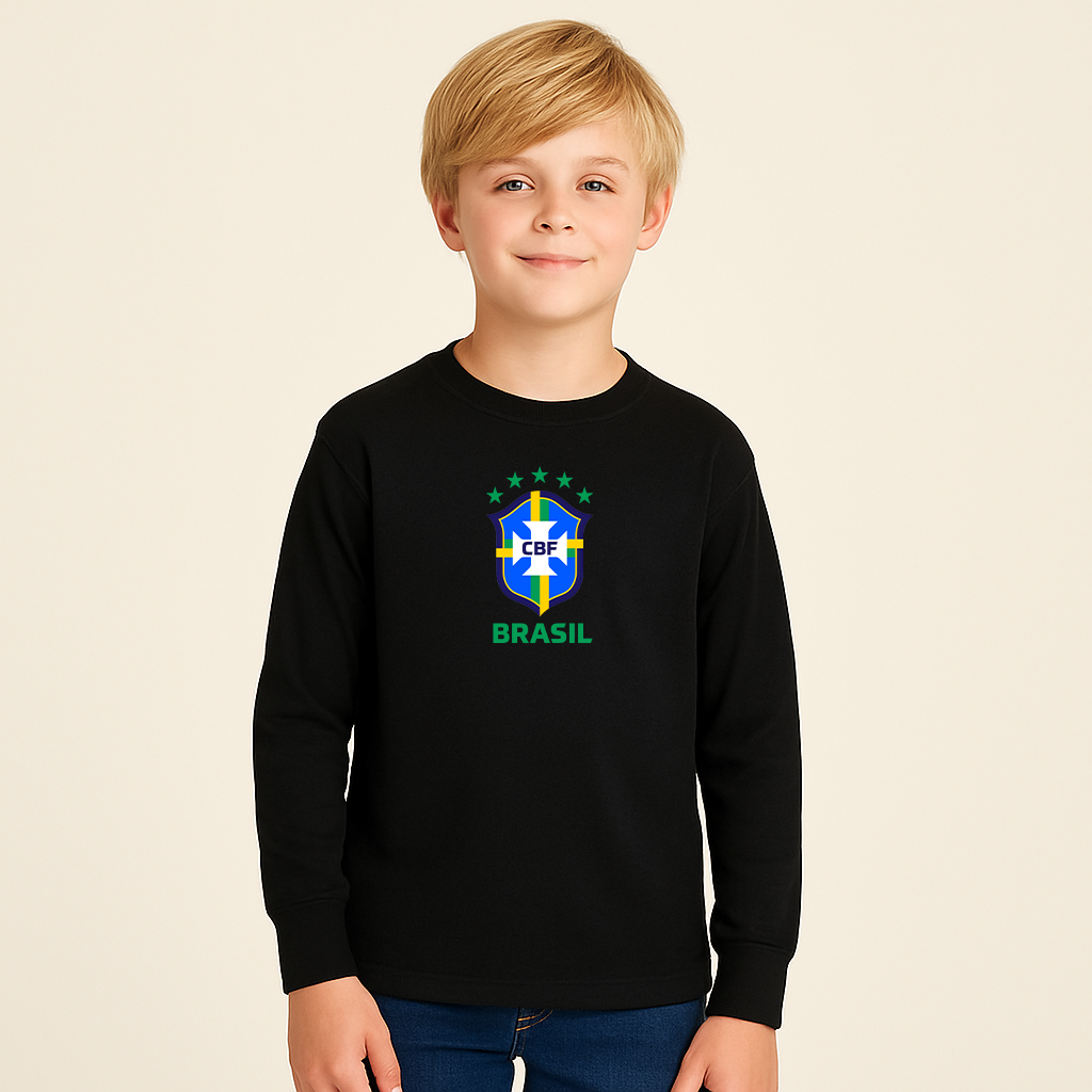 Youth Kids Brasil National Soccer Team Long Sleeve T-Shirt
