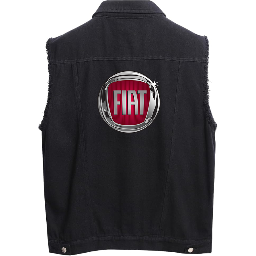 Men’s Fiat Car - Sleeveless Distressed Denim Vest – Rugged Black Jean Jacket