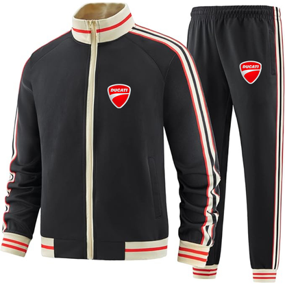 Men's Ducati Motorcycle - Premium Two-Piece Designer Tracksuit with Bold Striped Accents and Zippered Front - Elevated Athletic Wear