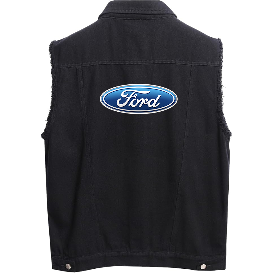 Men’s Ford Car - Sleeveless Distressed Denim Vest – Rugged Black Jean Jacket