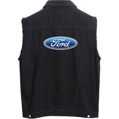 Men’s Ford Car - Sleeveless Distressed Denim Vest – Rugged Black Jean Jacket