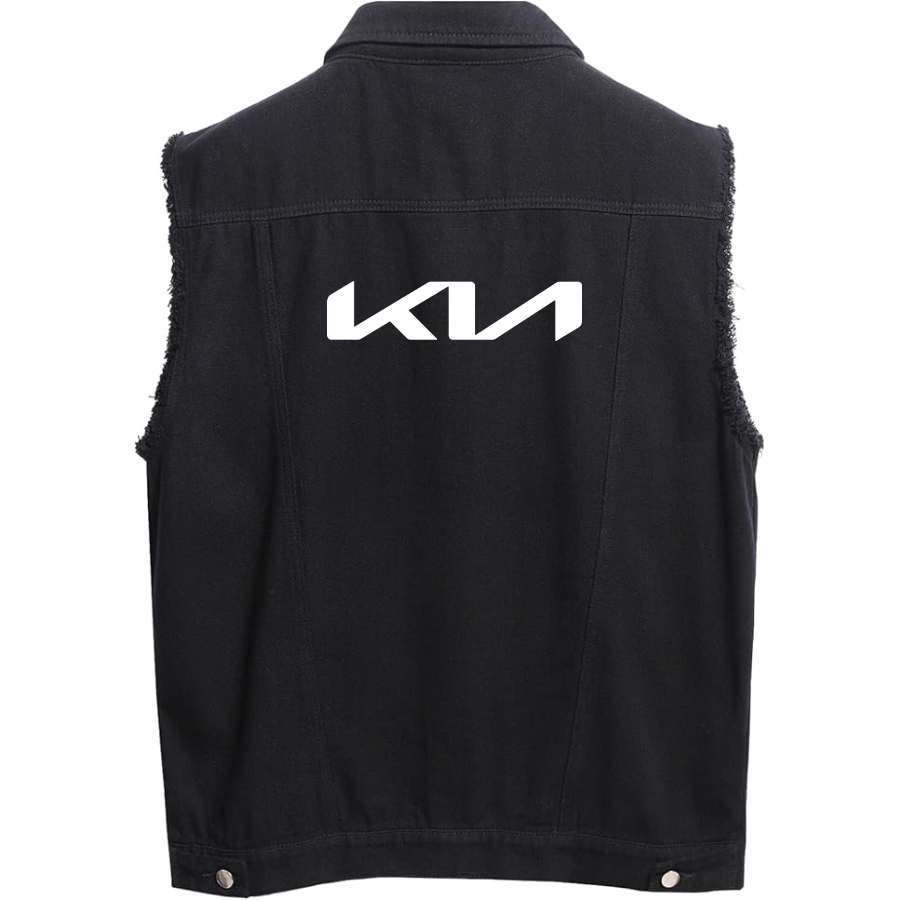 Men’s Kia Car - Sleeveless Distressed Denim Vest – Rugged Black Jean Jacket