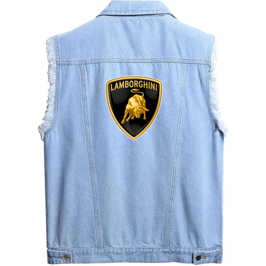 Men’s Lamborghini Car - Sleeveless Distressed Denim Vest – Rugged Black Jean Jacket