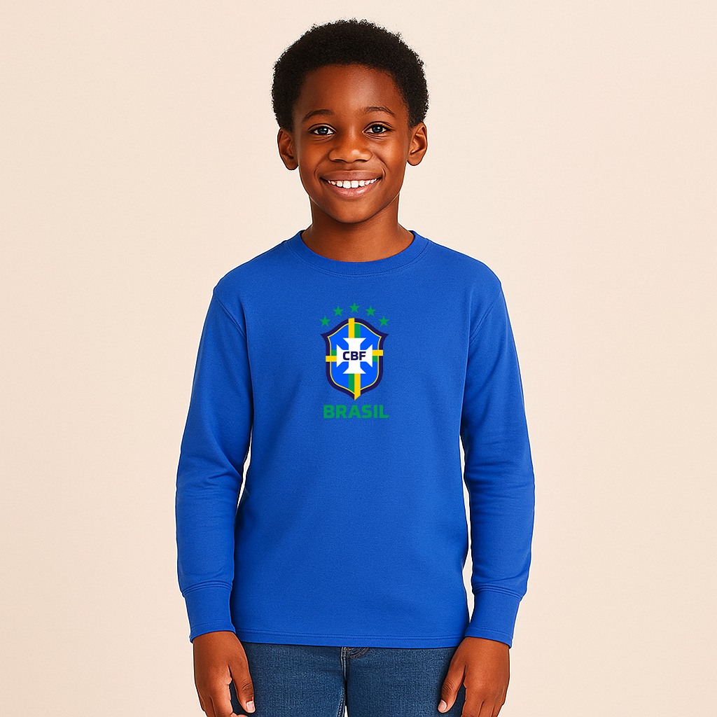 Youth Kids Brasil National Soccer Team Long Sleeve T-Shirt