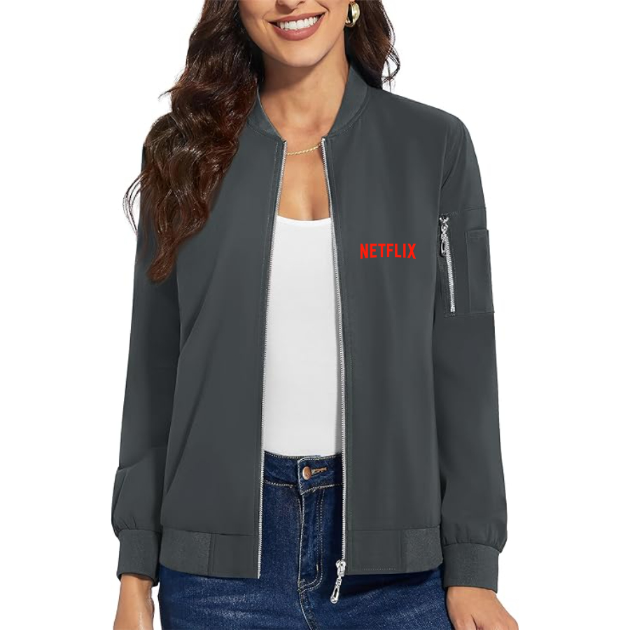 Women's  Netflix Movie Show - Premium Bomber Jacket with Polished Detailing and Functional Sleeve Pocket - Modern Luxury Outerwear