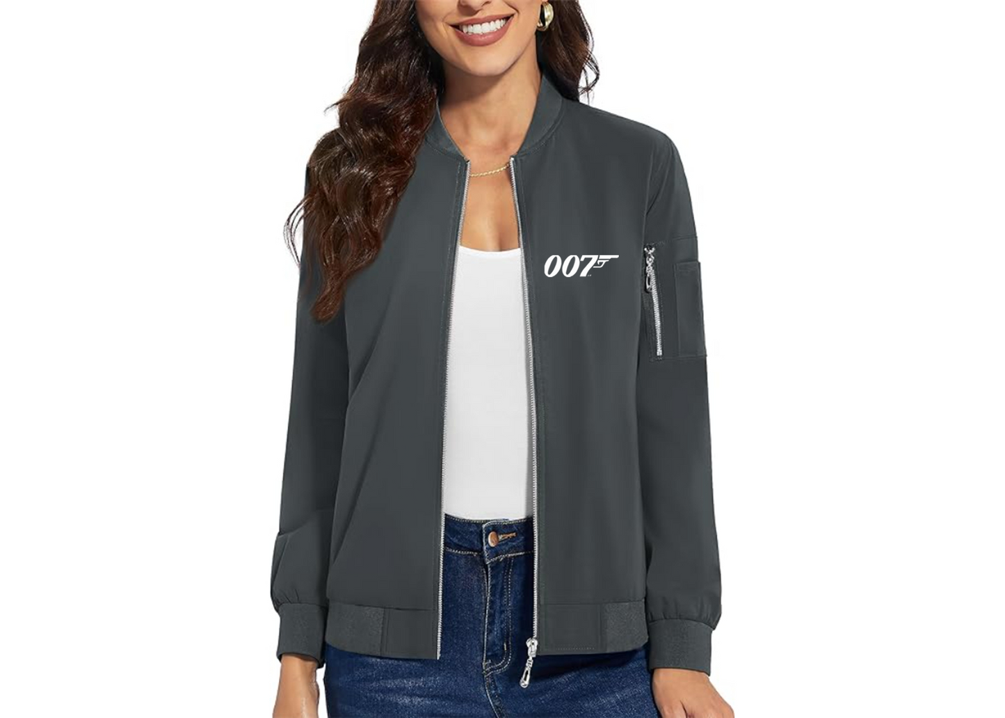 Women's 007 James Bond Movie - Premium Bomber Jacket with Polished Detailing and Functional Sleeve Pocket - Modern Luxury Outerwear