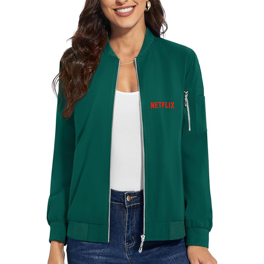 Women's  Netflix Movie Show - Premium Bomber Jacket with Polished Detailing and Functional Sleeve Pocket - Modern Luxury Outerwear