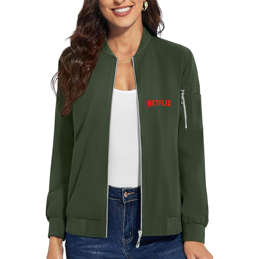 Women's  Netflix Movie Show - Premium Bomber Jacket with Polished Detailing and Functional Sleeve Pocket - Modern Luxury Outerwear