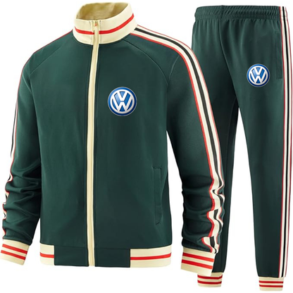 Men's VW Volkswagen Car- Premium Two-Piece Designer Tracksuit with Bold Striped Accents and Zippered Front - Elevated Athletic Wear