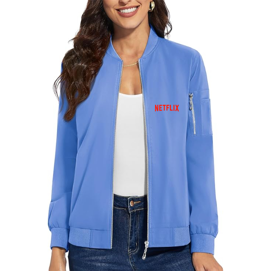 Women's  Netflix Movie Show - Premium Bomber Jacket with Polished Detailing and Functional Sleeve Pocket - Modern Luxury Outerwear