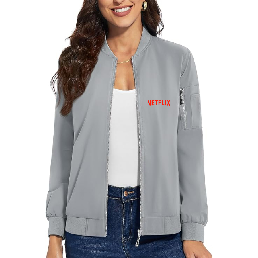 Women's  Netflix Movie Show - Premium Bomber Jacket with Polished Detailing and Functional Sleeve Pocket - Modern Luxury Outerwear