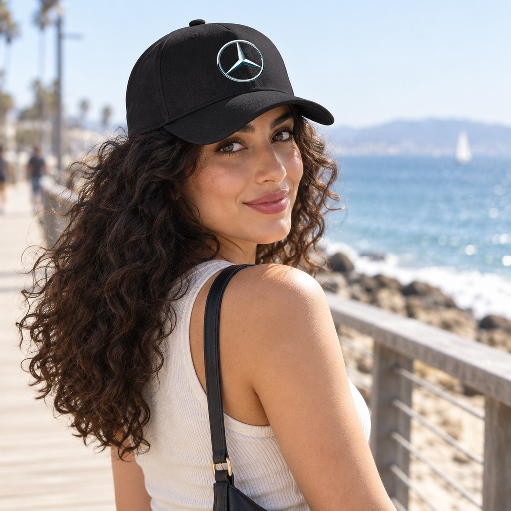 Mercedes-Benz NEW Car Dad Baseball Cap Hat | Color: Black | Image 4 | Coastal boardwalk