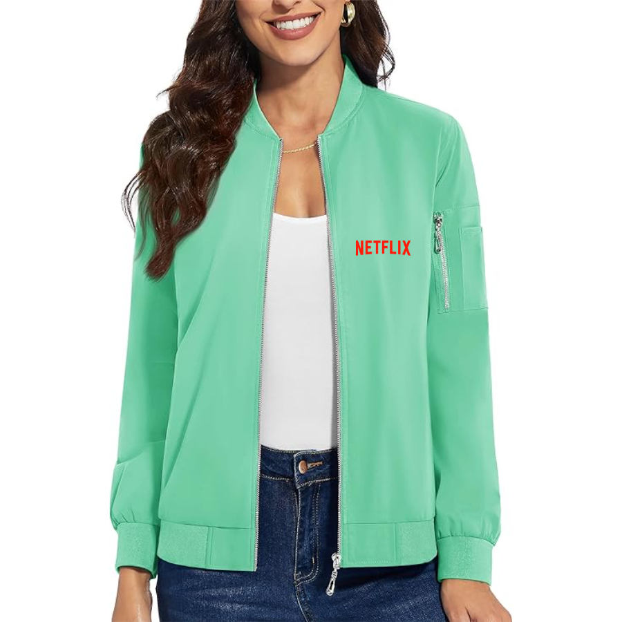 Women's  Netflix Movie Show - Premium Bomber Jacket with Polished Detailing and Functional Sleeve Pocket - Modern Luxury Outerwear
